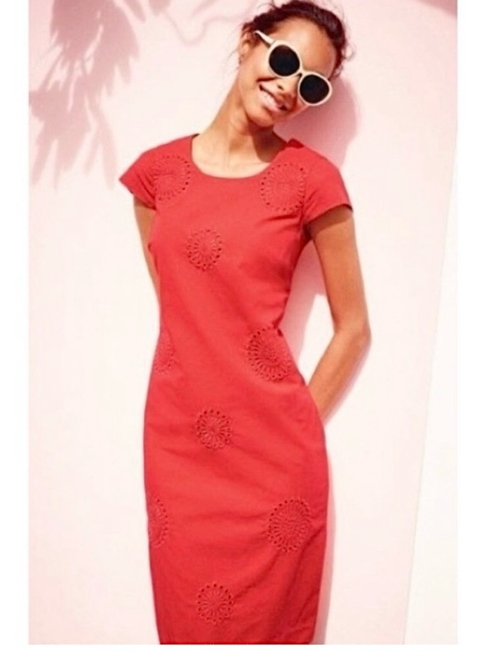 BODEN | Women’s Coral Pink Eyelet Embroidered Midi Dress, US 8 - Picture 7 of 9
